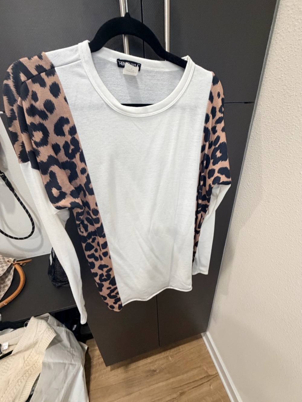 HEIMISH USA White Tee with Brown and Black Leopard Contrast Sleeves
